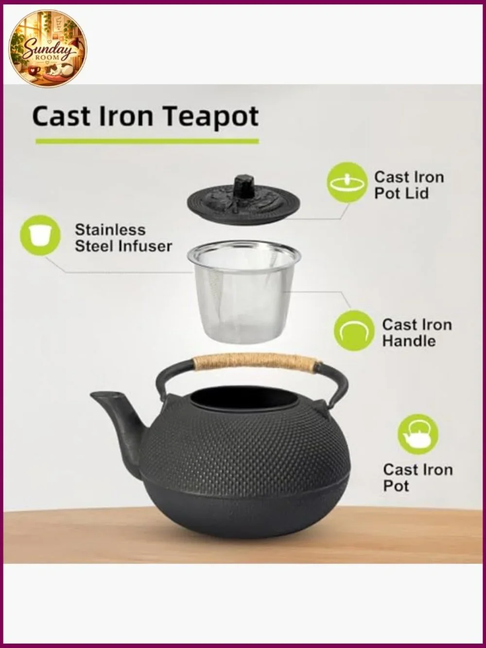 Cast Iron Teapot with Stainless Steel Infuser 22 oz Stovetop Safe Enameled
